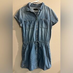 Attention Women’s Casual Denim Button Down Midi Short Sleeve Dress Size L Pocket